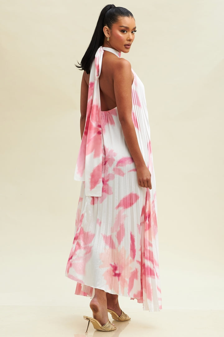 Elegant Halter White Pink Watercolor Pleated Satin Open Back Maxi Dress