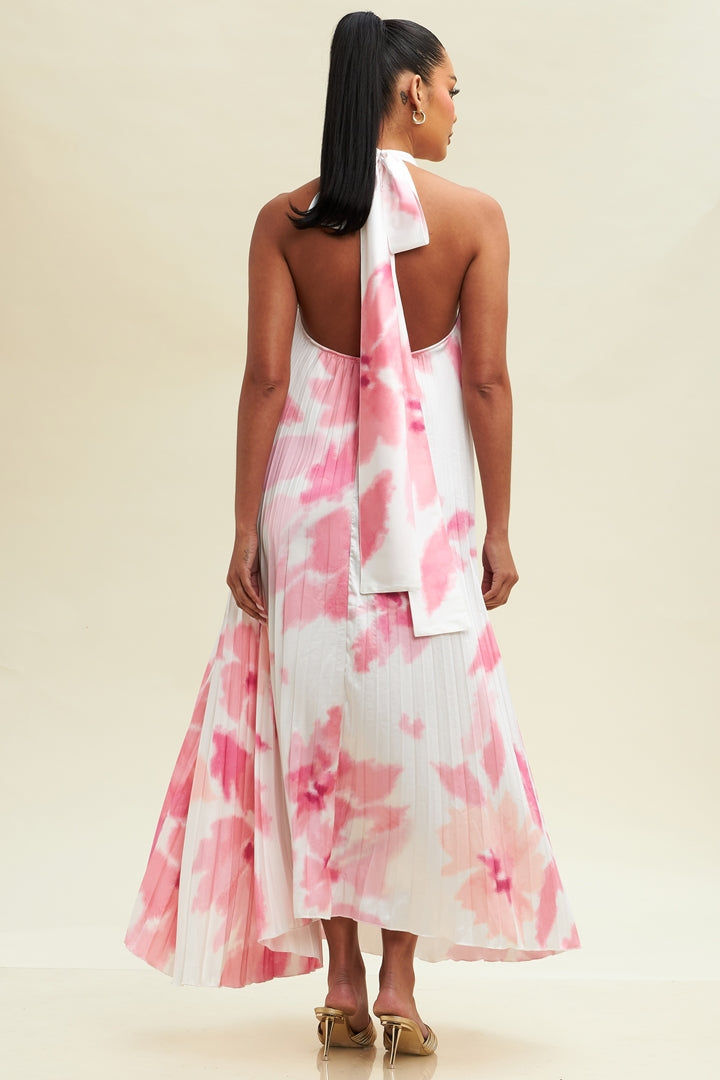 Elegant Halter White Pink Watercolor Pleated Satin Open Back Maxi Dress