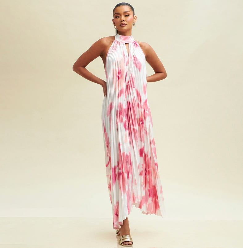 Elegant Halter White Pink Watercolor Pleated Satin Open Back Maxi Dress