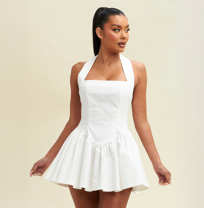 Elegant Halter White Ruffle Couture Corset Dress