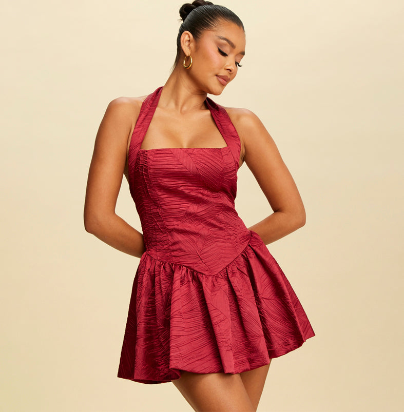 Elegant Halter Wine Crinkle Satin Ruffle Dress