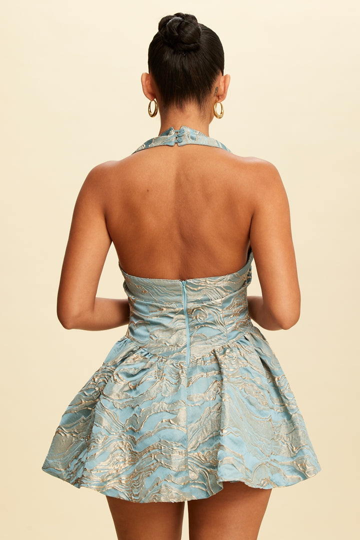 Elegant Halter Blue-Gold Jacquard Floral Embroidery Ruffle Dress