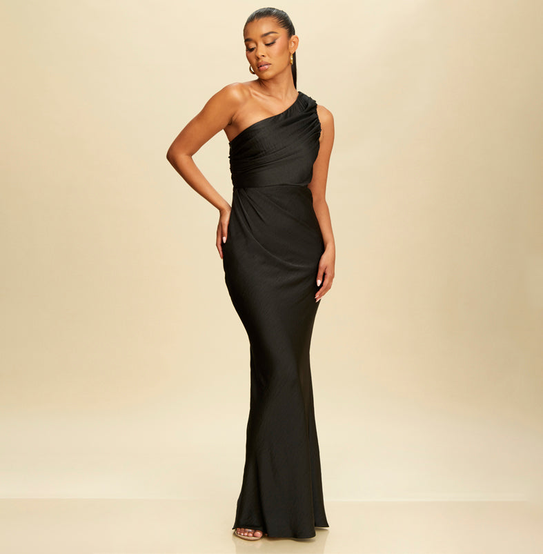 Elegant Black One Shoulder Ruffle Maxi Dress