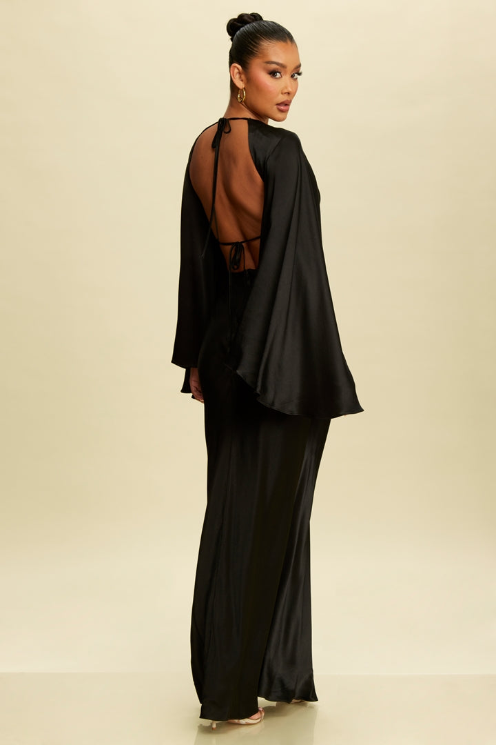 Elegant Black Deep V-Neck Cut Out Open Back Maxi Dress with Bell Sleeve