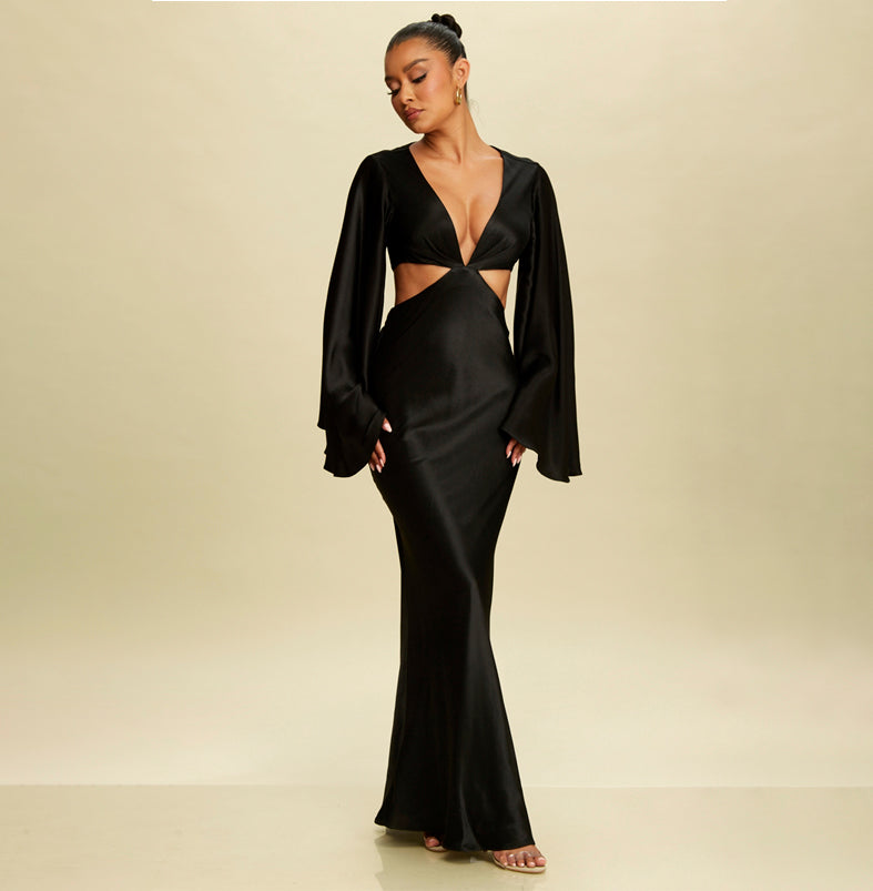 Elegant Black Deep V-Neck Cut Out Open Back Maxi Dress with Bell Sleeve L / Black