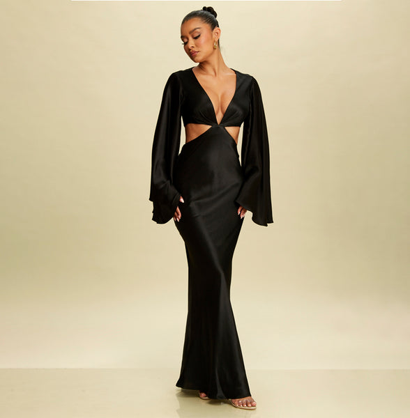 bhldn dani long-sleeve open-back fit & flare maxi dress Elegant Black Deep V-Neck Cut Out Open Back Maxi Dress with Bell Sleeve M / Black
