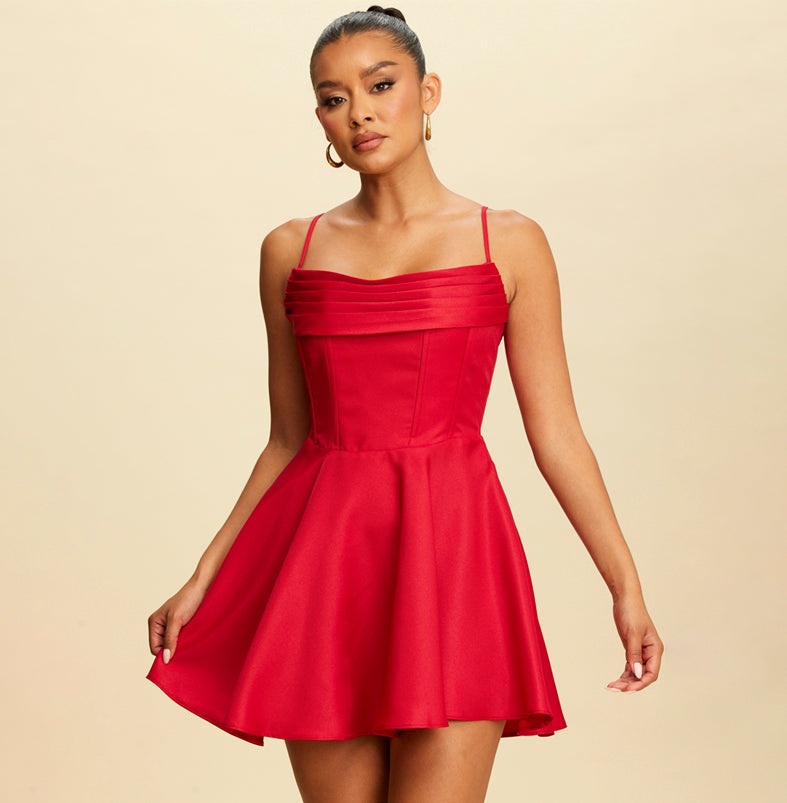 Elegant Red Strap Couture Corset Ruffle Dress