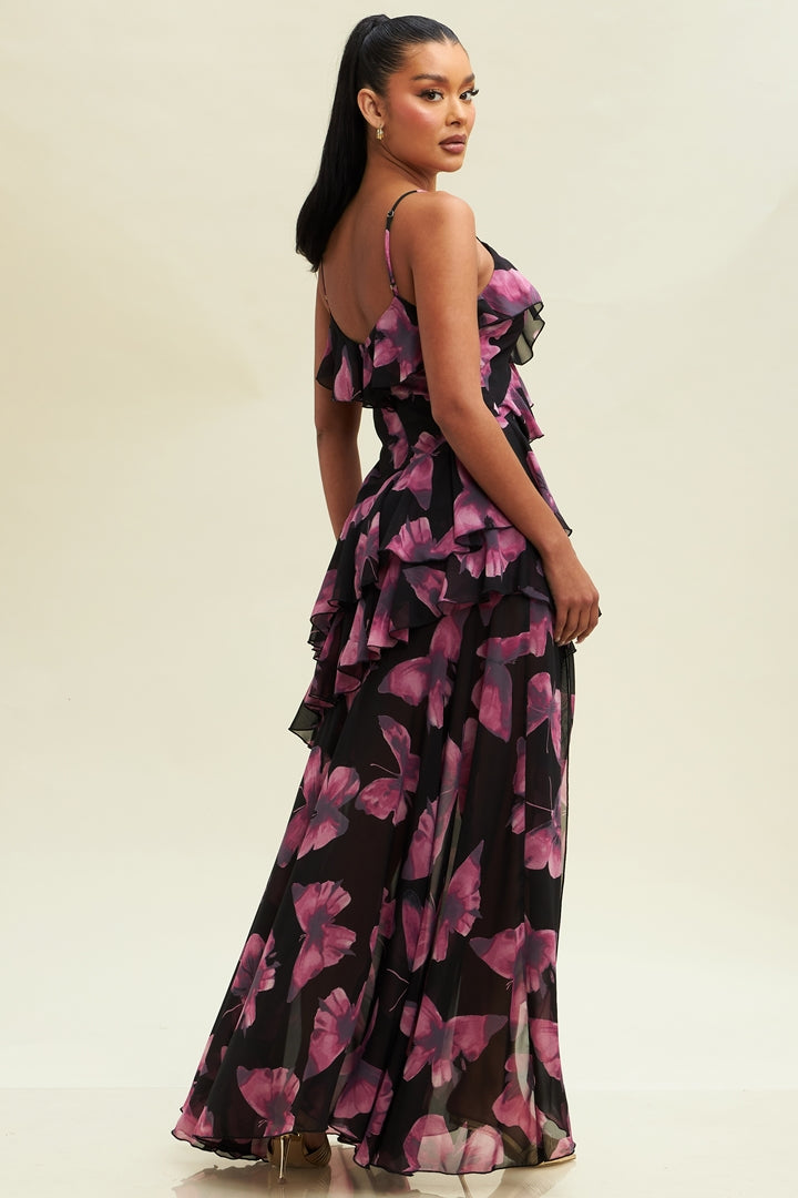 Elegant Strap Black Violet Butterfly Print Ruffle Layered Maxi Dress with Middle Slit