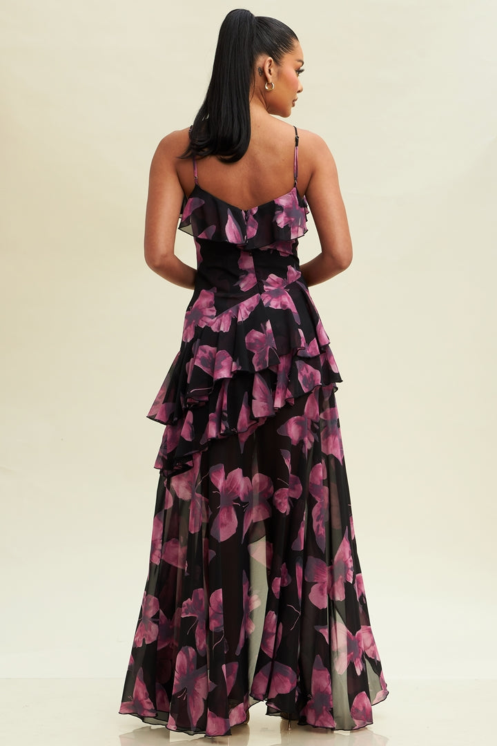 Elegant Strap Black Violet Butterfly Print Ruffle Layered Maxi Dress with Middle Slit