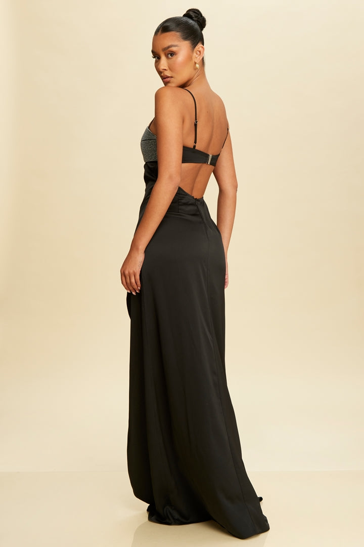 Elegant Black Strap Silver Studded Crystal Detailed Cut Out Satin Open Back Maxi Dress with Middle Slit