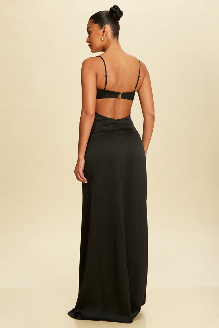 Elegant Black Strap Silver Studded Crystal Detailed Cut Out Satin Open Back Maxi Dress with Middle Slit