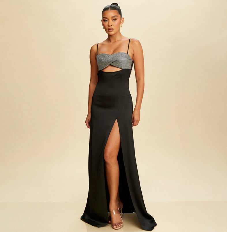 Elegant Black Strap Silver Studded Crystal Detailed Cut Out Satin Open Back Maxi Dress with Middle Slit