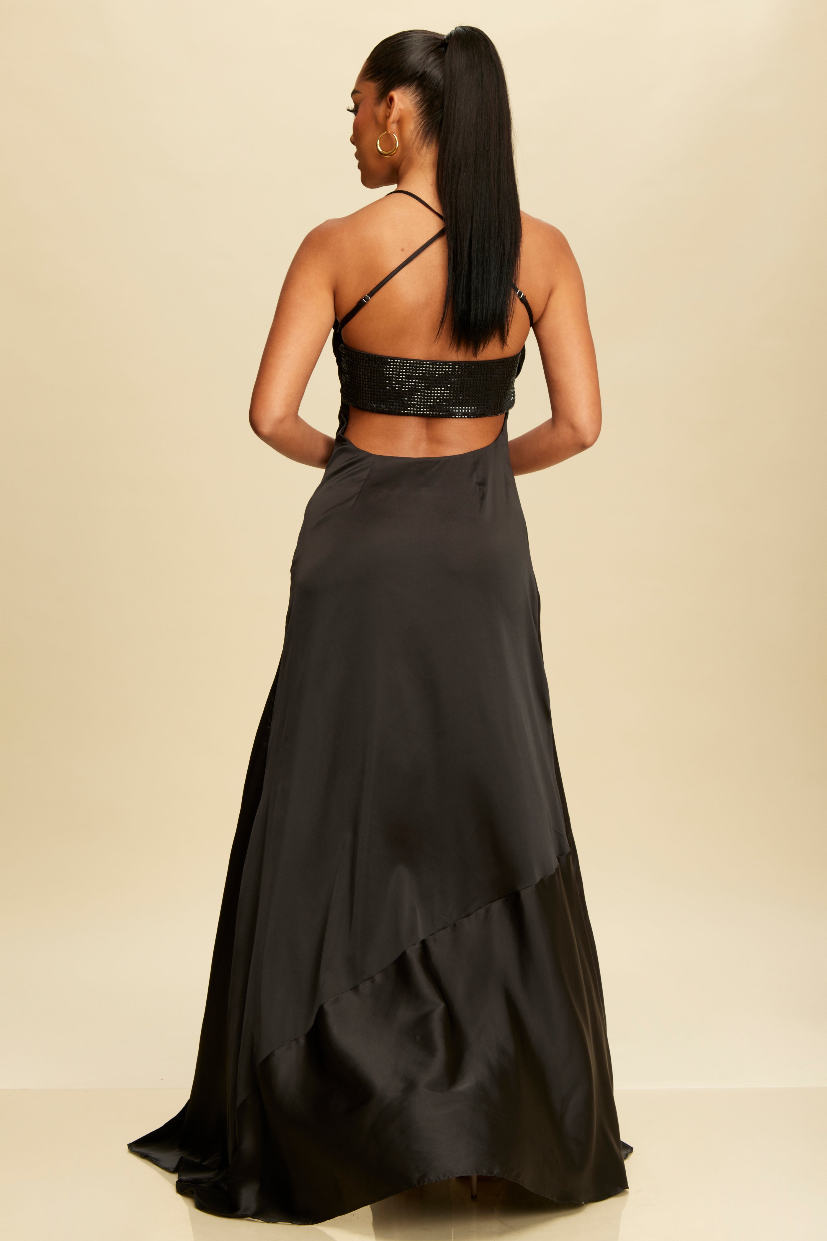 Elegant Black Strap Studded Crystal Detailed Satin Open Back Maxi Dress with Middle Slit