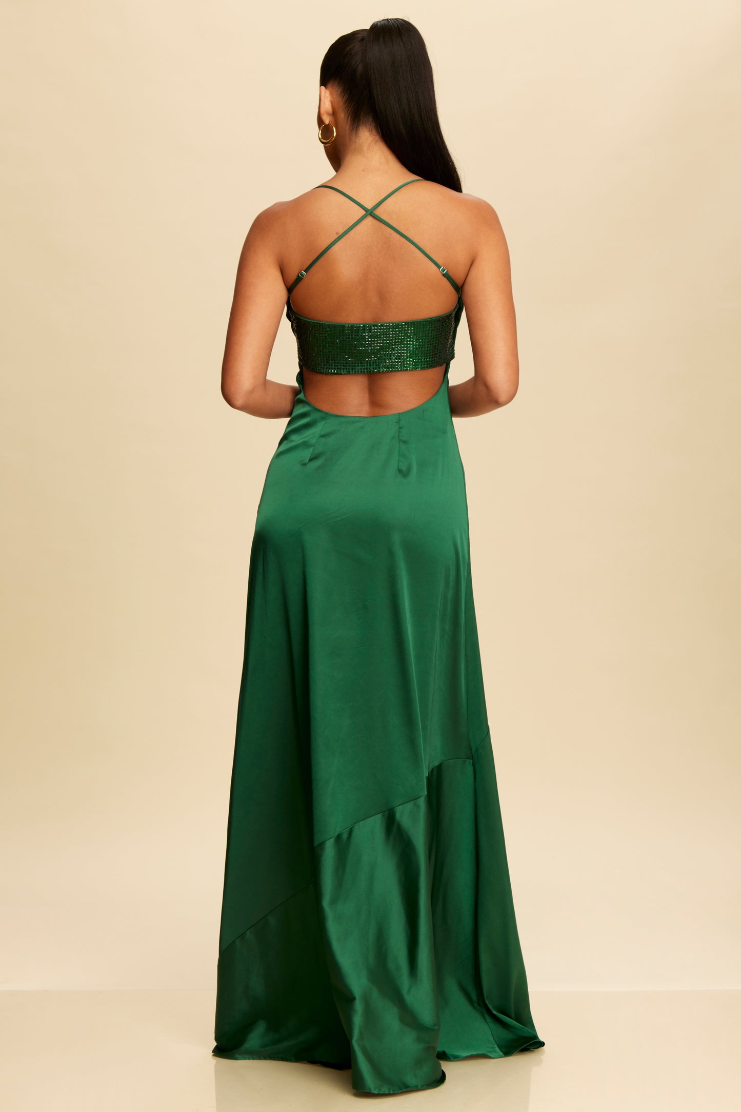 Elegant Hunter Green Strap Studded Crystal Detailed Satin Open Back Maxi Dress with Middle Slit