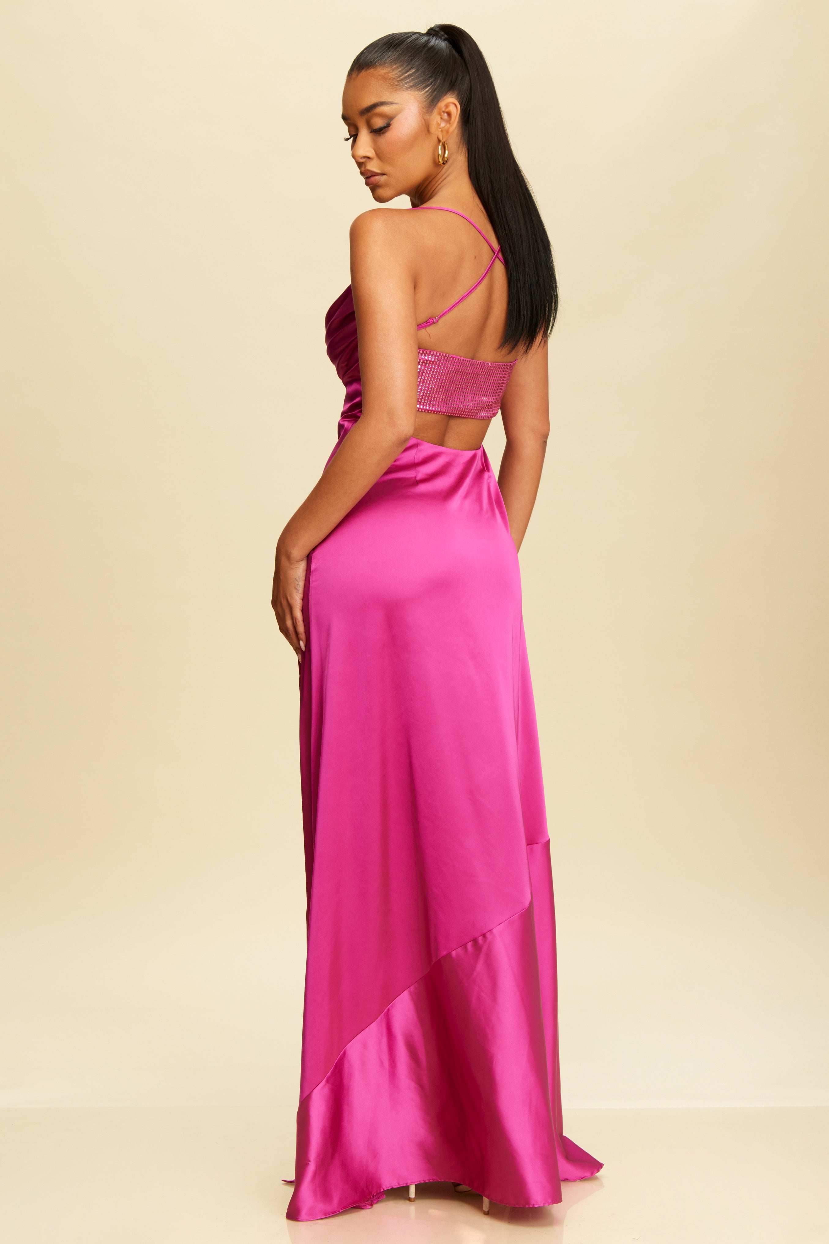 Elegant Magenta Strap Studded Crystal Detailed Satin Open Back Maxi Dress with Middle Slit