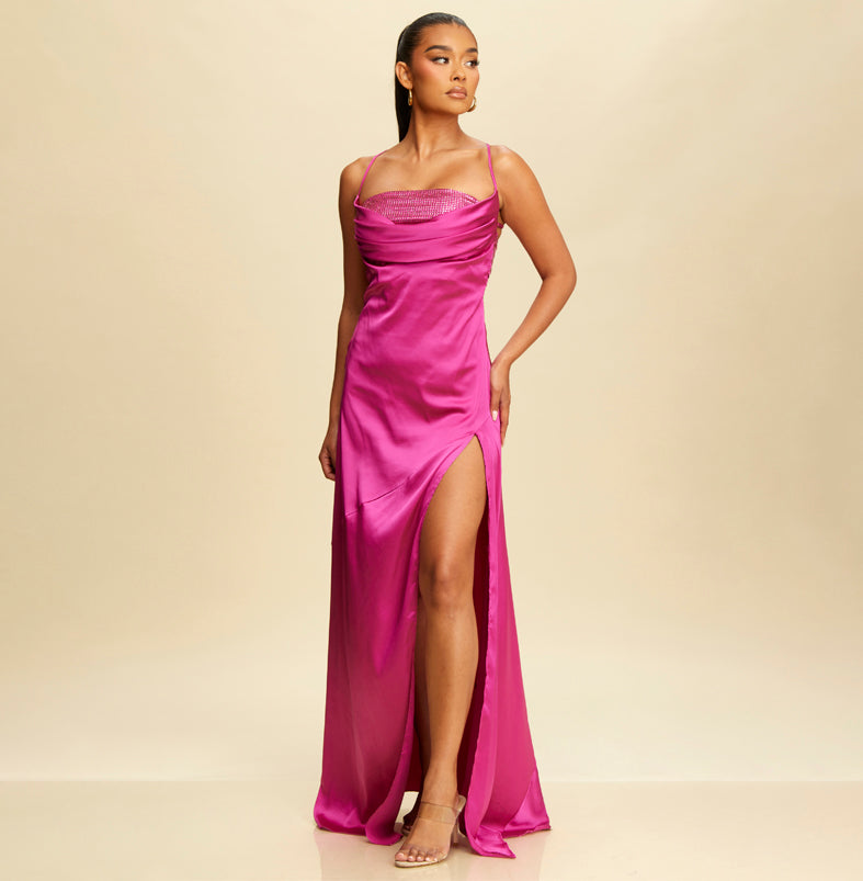 Elegant Magenta Strap Studded Crystal Detailed Satin Open Back Maxi Dress with Middle Slit