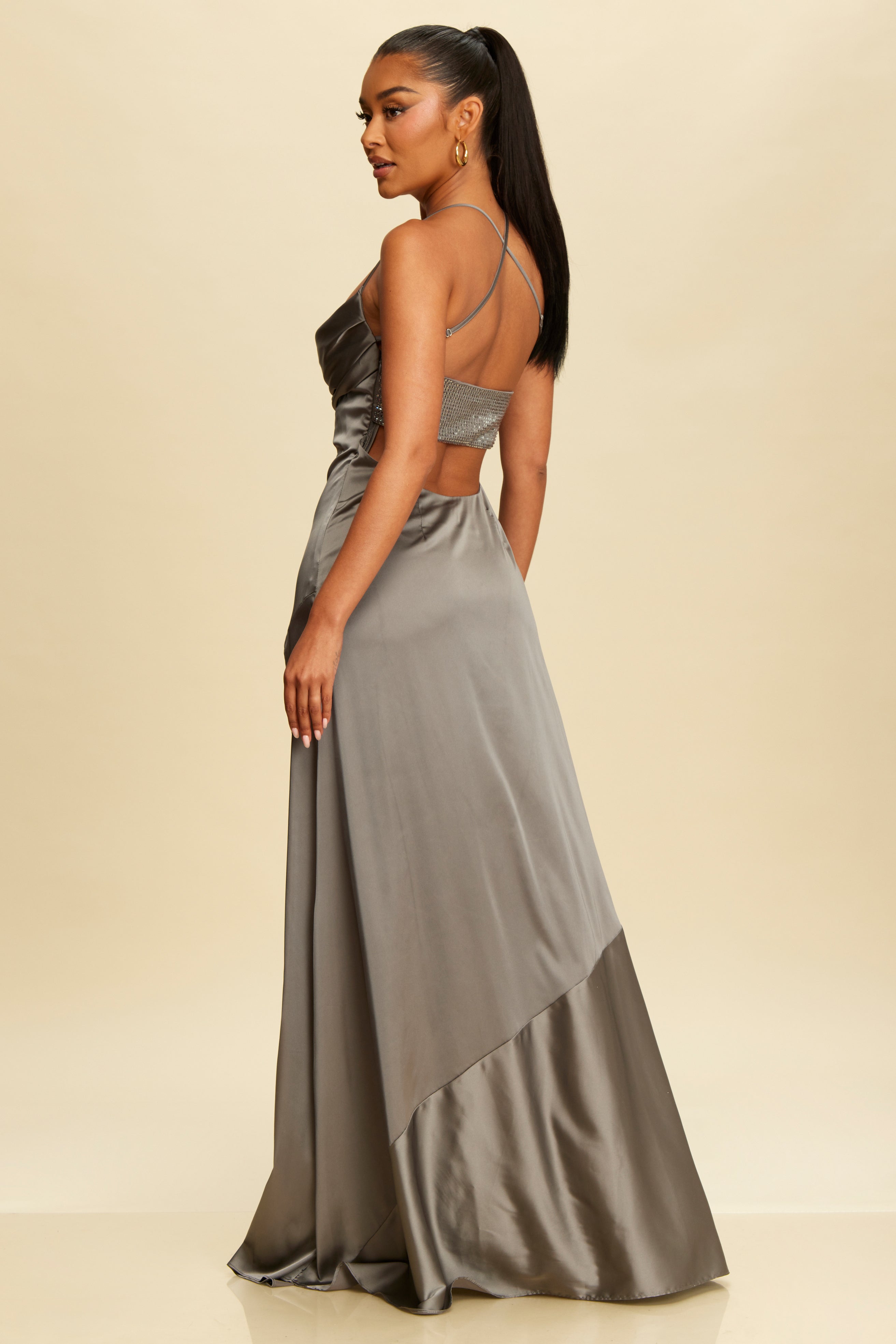 Elegant Silver Strap Studded Crystal Detailed Satin Open Back Maxi Dress with Middle Slit