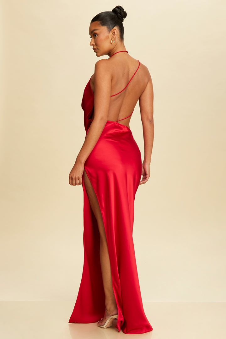 Elegant Red Strap Satin Ruffle Deep V-Neck Open Back Side Slit Maxi Dress L / Red Elegant Red Strap Satin Ruffle Deep V-Neck Open Back Side Slit Maxi Dress L / Red