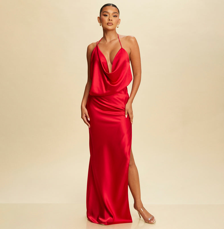 Elegant Red Strap Satin Ruffle Deep V-Neck Open Back Side Slit Maxi Dress