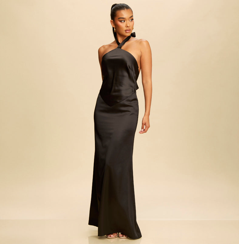 Elegant Halter Black Satin Maxi Dress Open Back Tie-Up