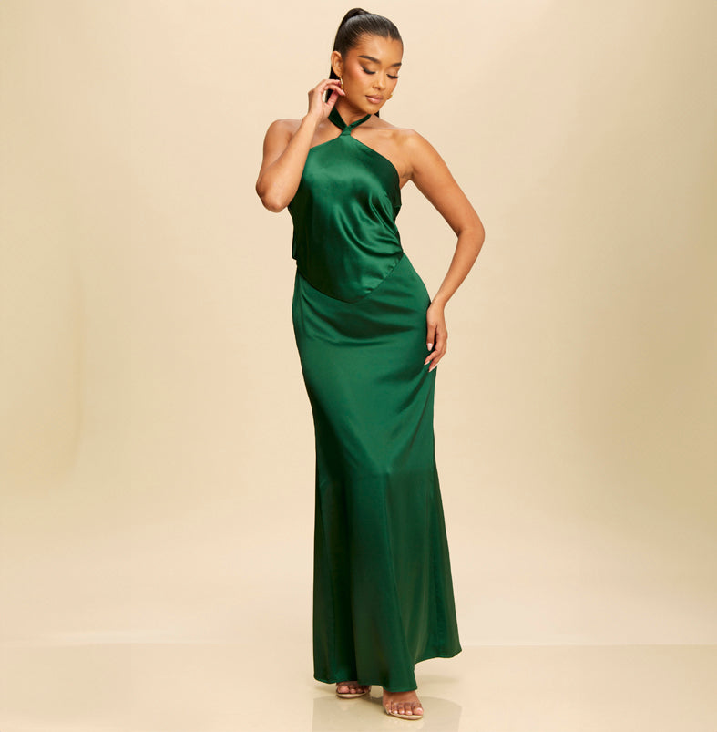 Elegant Halter Hunter Green Satin Maxi Dress Open Back Tie-Up