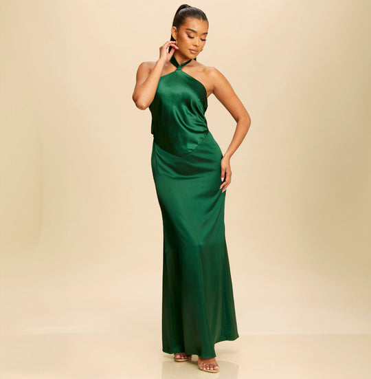 Elegant Halter Hunter Green Satin Maxi Dress Open Back Tie-Up