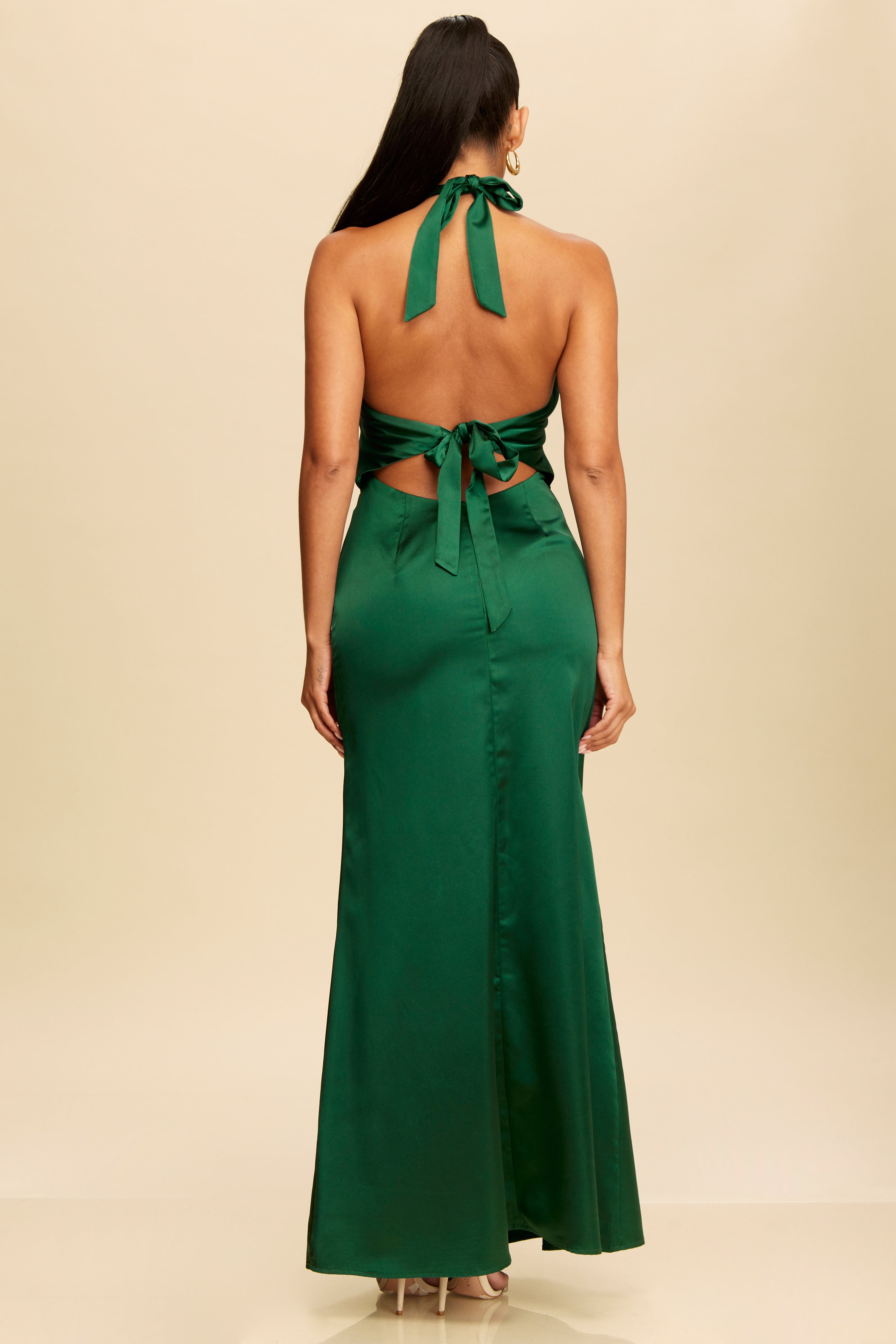 Elegant Halter Hunter Green Satin Maxi Dress Open Back Tie-Up