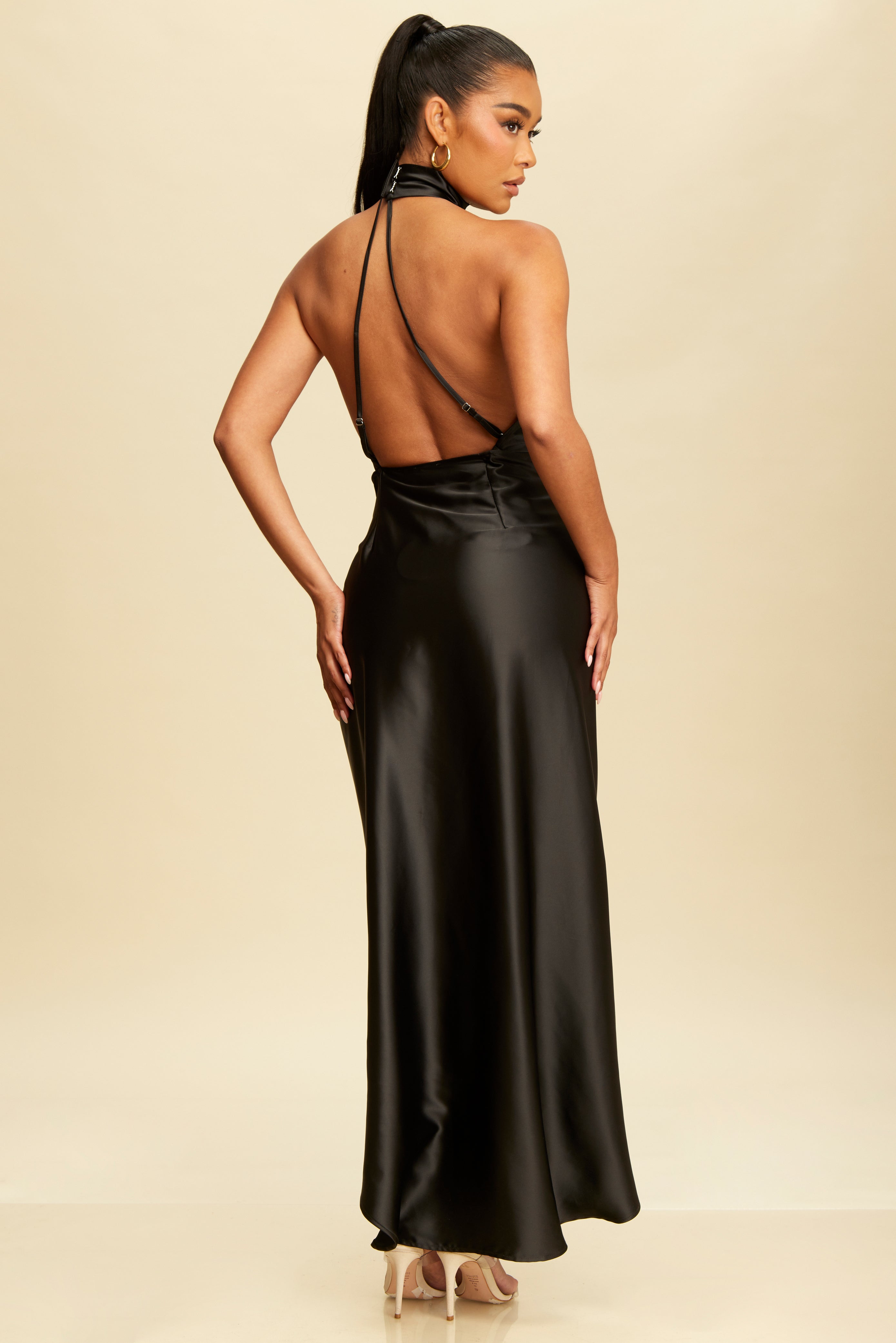 Elegant Mock Neck Black Satin Wrap Tie-Up Open Back Maxi Dress