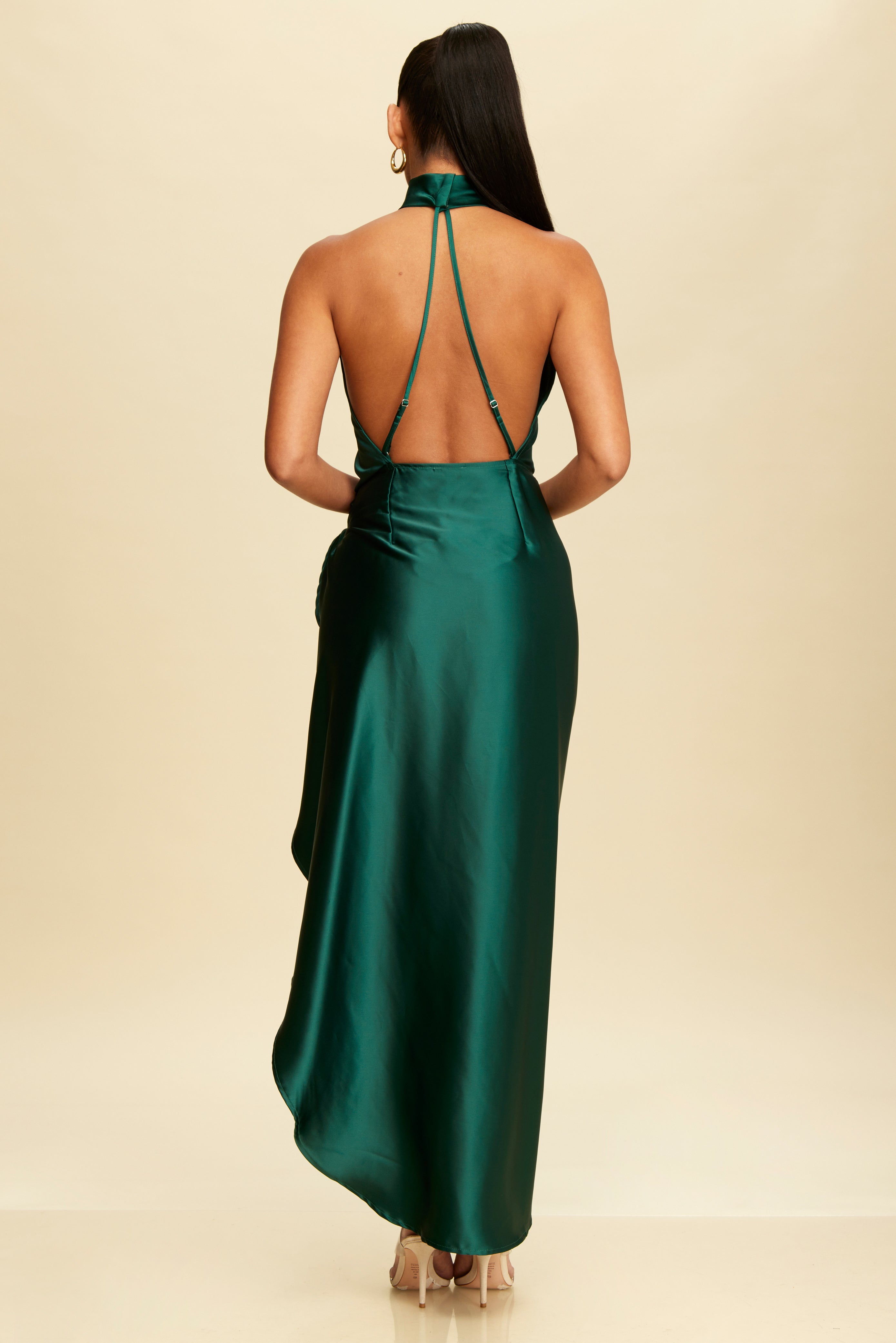 Elegant Mock Neck Hunter Green Satin Wrap Tie-Up Open Back Maxi Dress