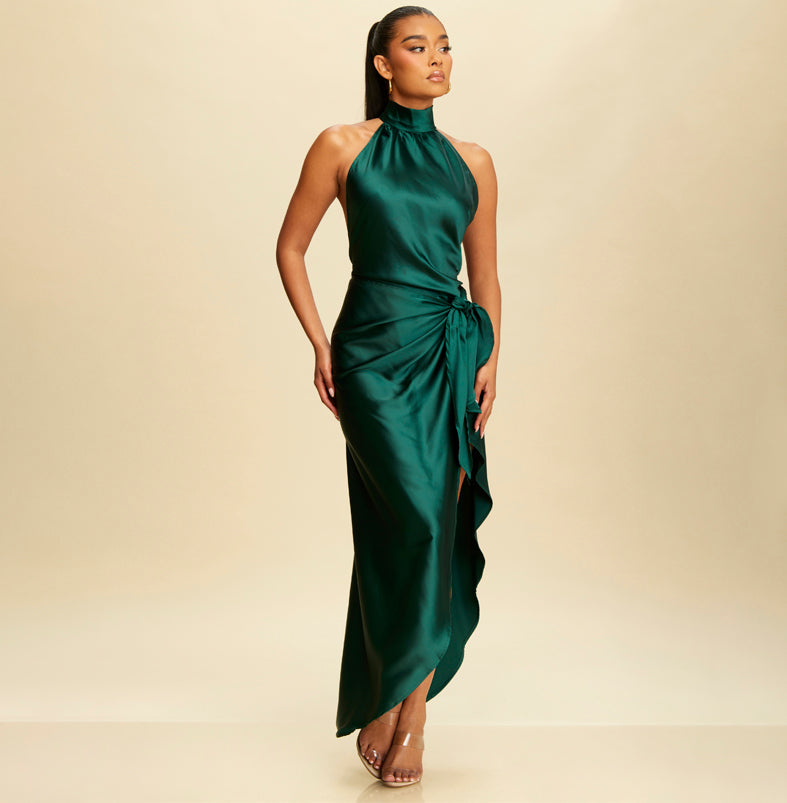 Elegant Mock Neck Hunter Green Satin Wrap Tie-Up Open Back Maxi Dress