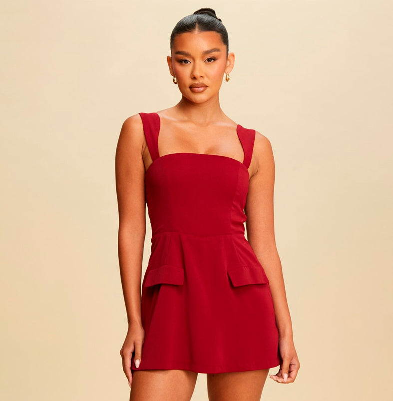 Fashion Wine Strap Pocket Detailed Romper