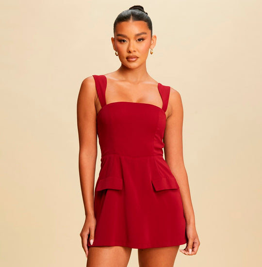 Fashion Wine Strap Pocket Detailed Romper