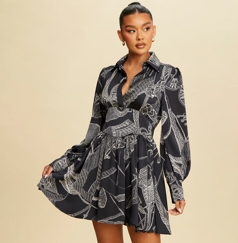 Elegant Dark Navy-White Print Satin Button Down Ruffle Dress with Long Sleeve