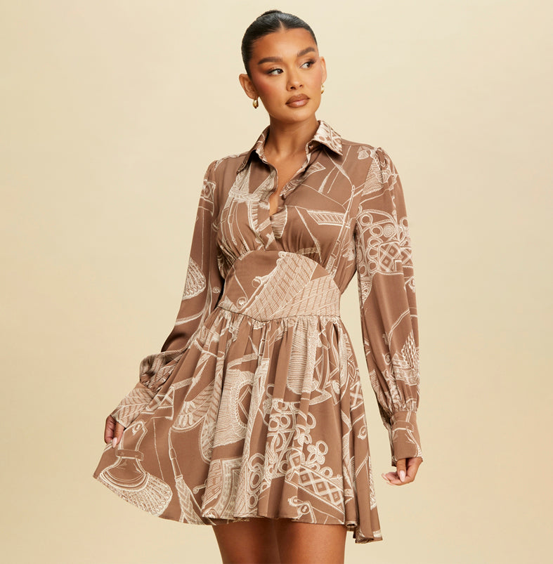 Elegant Mocha Ivory Print Satin Button Down Ruffle Dress with Long Sleeve