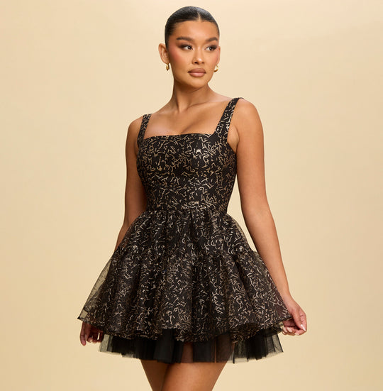 Elegant Black Strap Gold Glitter Detailed Layered Puffy Ruffle Dress