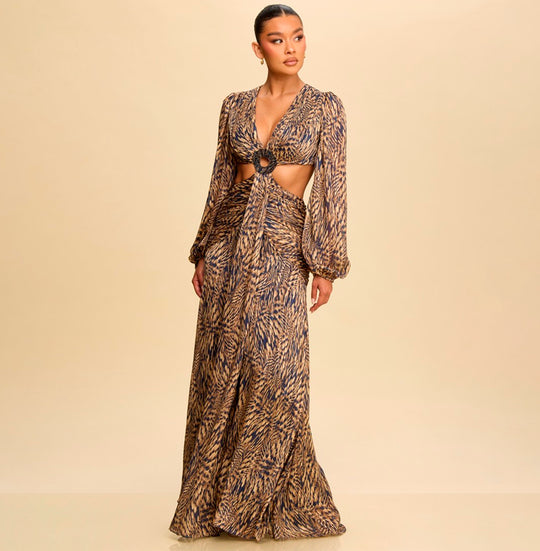 Elegant Navy Multi-Color Print V-Neck Crystal Detailed Ruffle Cut-Out Open Back Maxi Dress with Long Sleeve