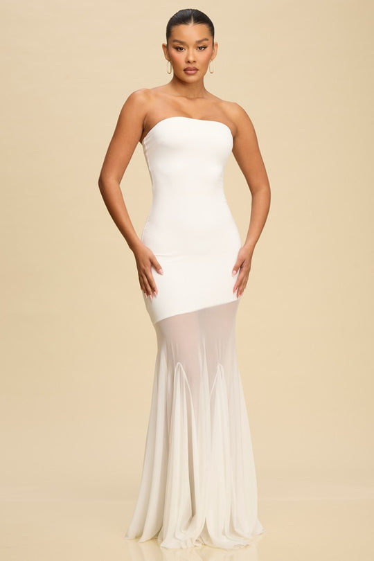Elegant White Strapless Ruffle Jersey Mesh Maxi Dress