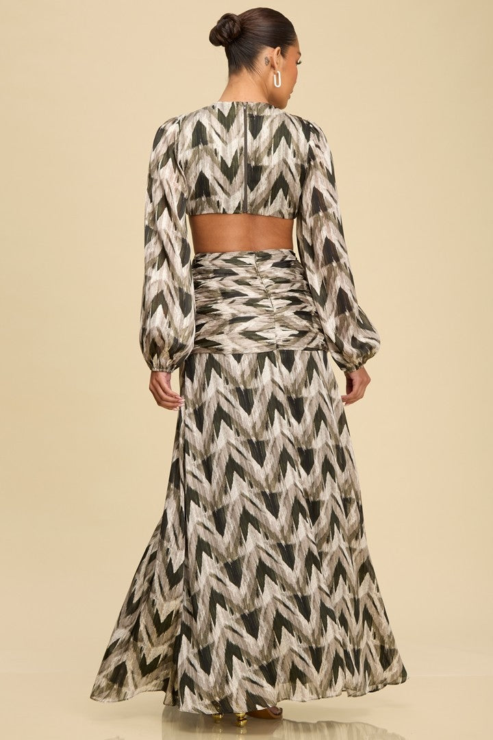 Elegant Olive White Print V-Neck Silver Crystal Gold Detailed Ruffle Cut-Out Open Back Maxi Dress with Long Sleeve