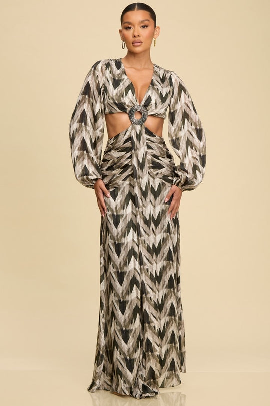 Elegant Olive White Print V-Neck Silver Crystal Gold Detailed Ruffle Cut-Out Open Back Maxi Dress with Long Sleeve