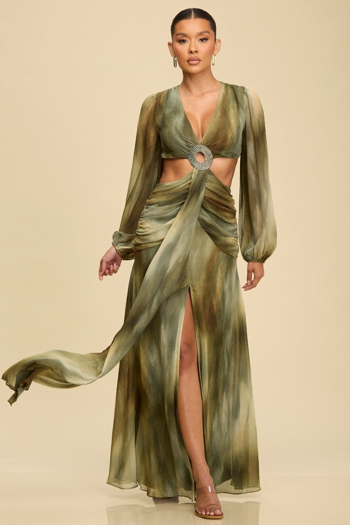 Elegant Olive Multi-Color Print V-Neck Crystal Gold Detailed Ruffle Cut-Out Open Back Maxi Dress with Long Sleeve