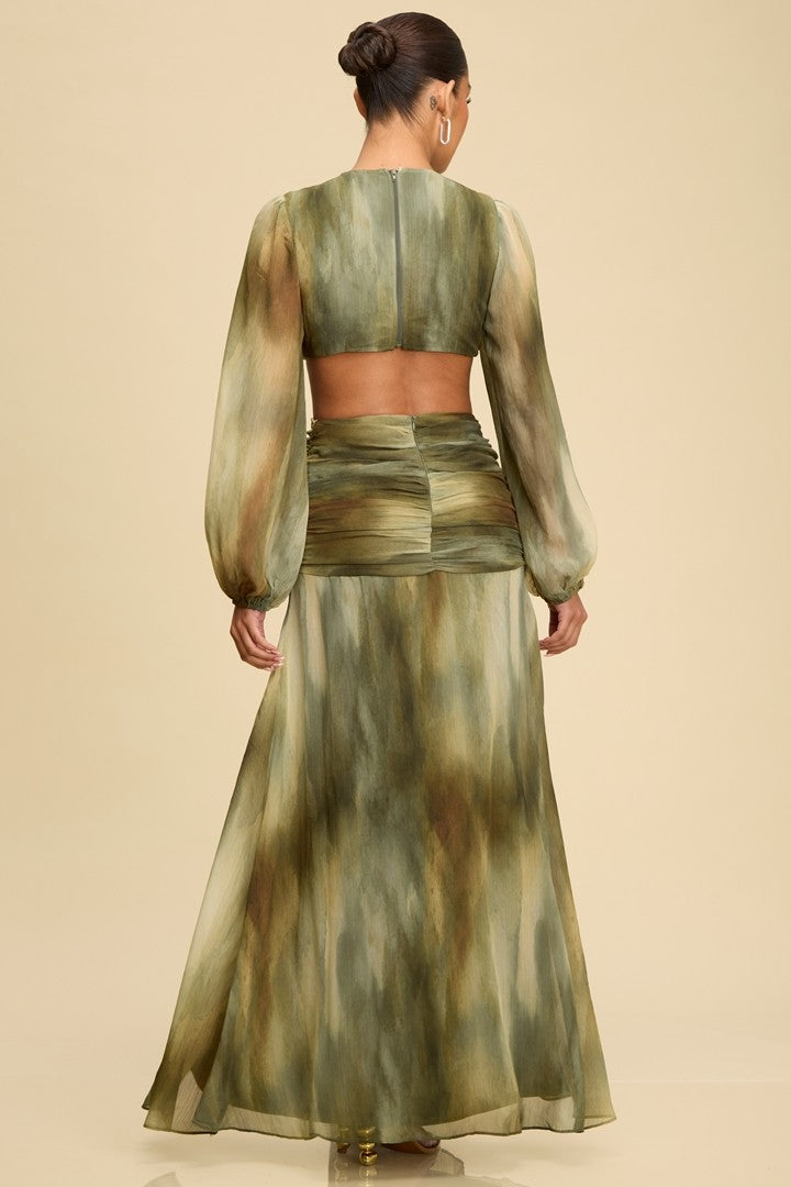 Elegant Olive Multi-Color Print V-Neck Crystal Gold Detailed Ruffle Cut-Out Open Back Maxi Dress with Long Sleeve