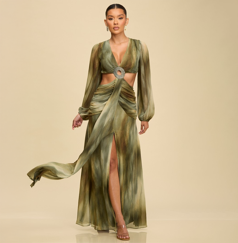 Elegant Olive Multi-Color Print V-Neck Crystal Gold Detailed Ruffle Cut-Out Open Back Maxi Dress with Long Sleeve