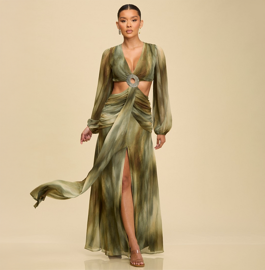 Elegant Olive Multi-Color Print V-Neck Crystal Gold Detailed Ruffle Cut-Out Open Back Maxi Dress with Long Sleeve