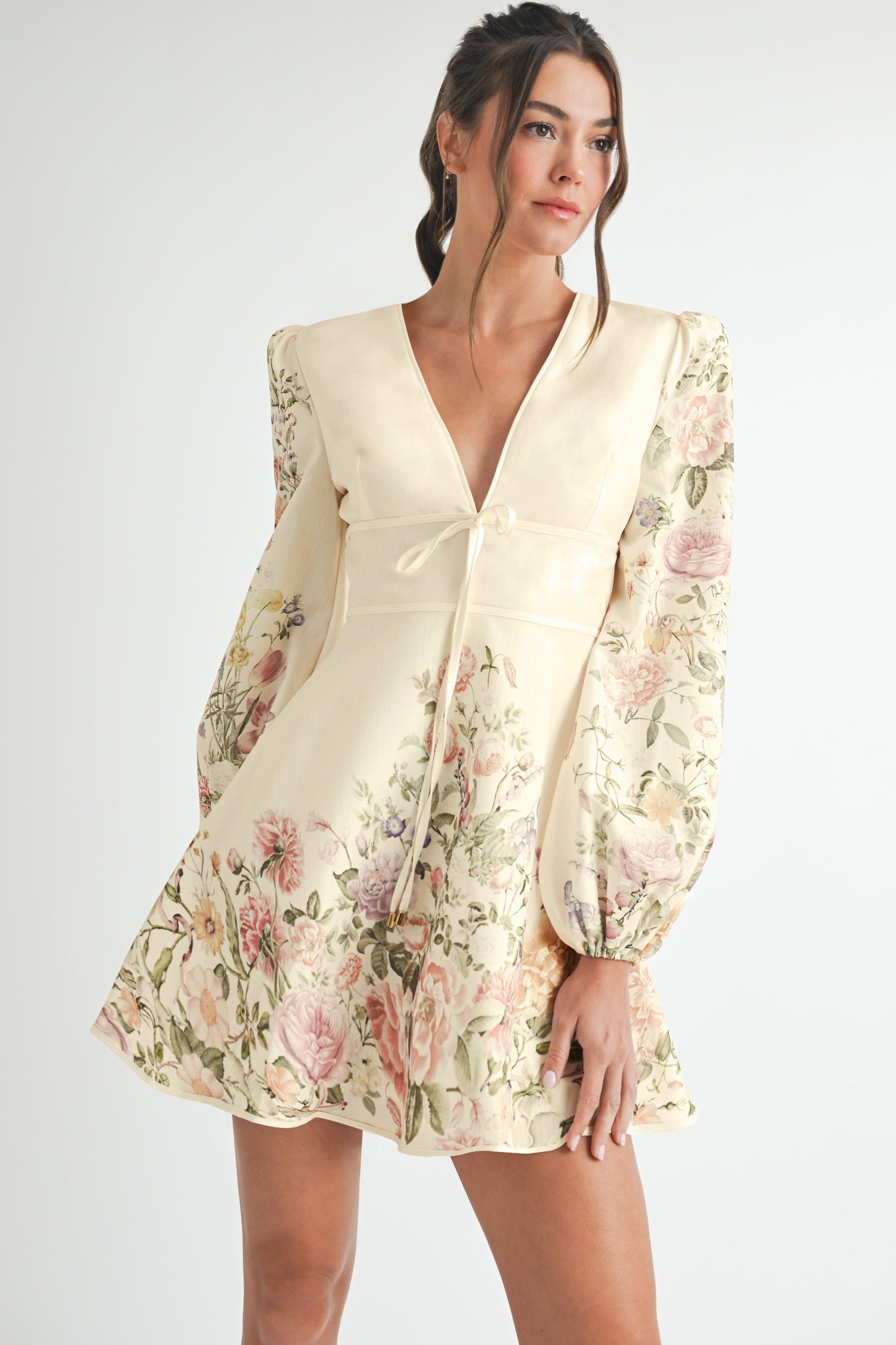 Elegant Cream Floral Print V-Neck Ruffle Mini Dress with Puffy Long Sleeve