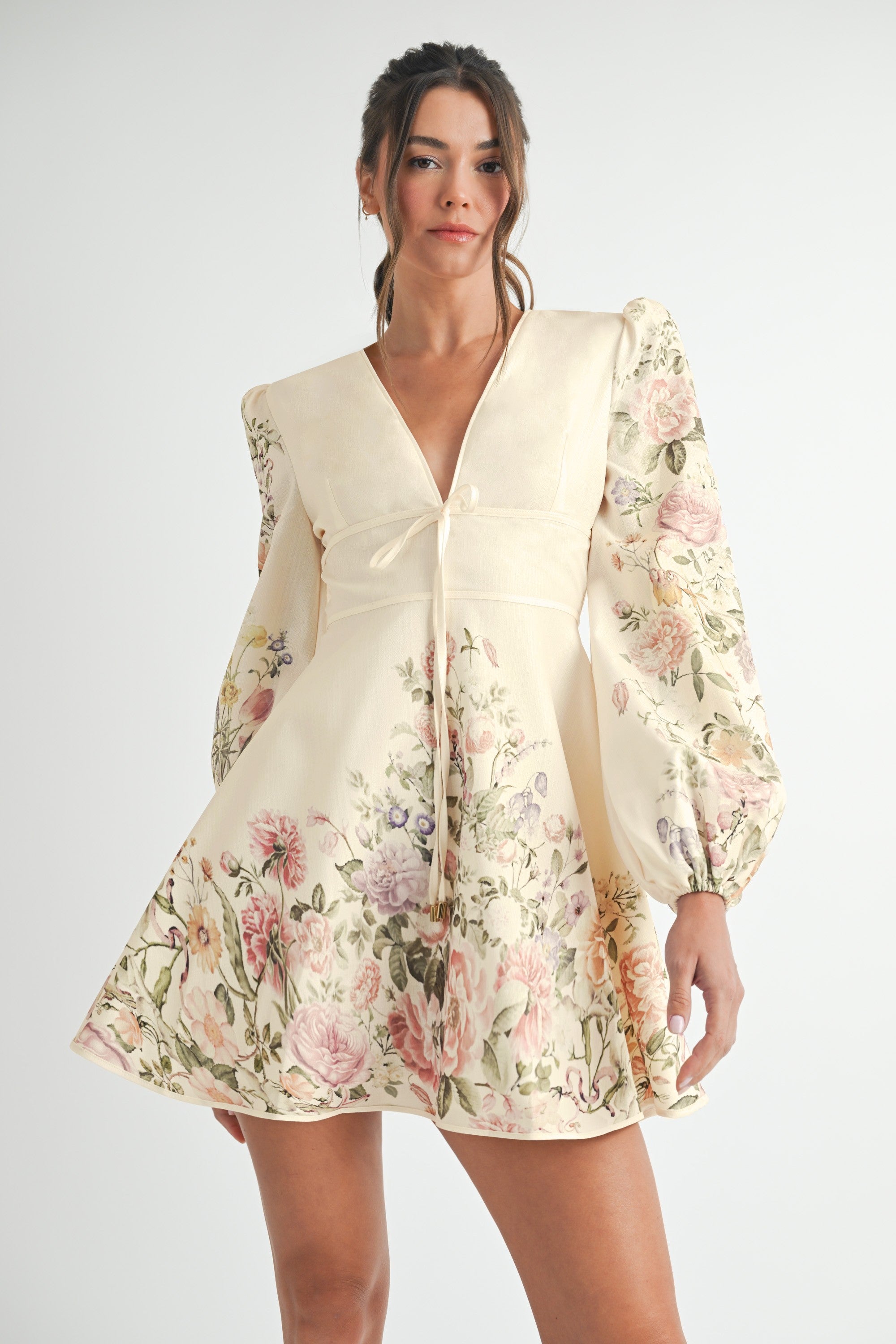 Elegant Cream Floral Print V-Neck Ruffle Mini Dress with Puffy Long Sleeve L / Cream Elegant Cream Floral Print V-Neck Ruffle Mini Dress with Puffy Long Sleeve L / Cream
