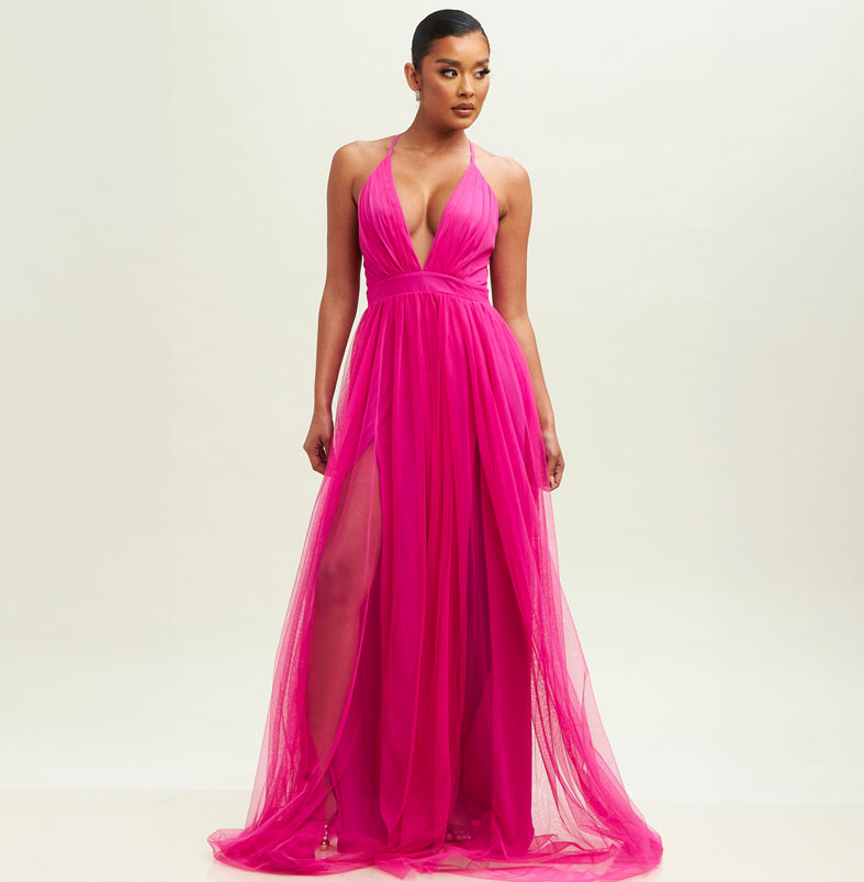 Elegant Magenta Strap Deep V-Neck Maxi Dress