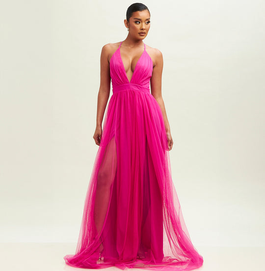 Elegant Magenta Strap Deep V-Neck Maxi Dress