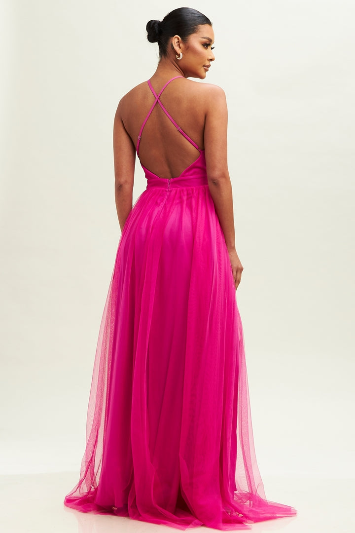 Elegant Magenta Strap Deep V-Neck Maxi Dress