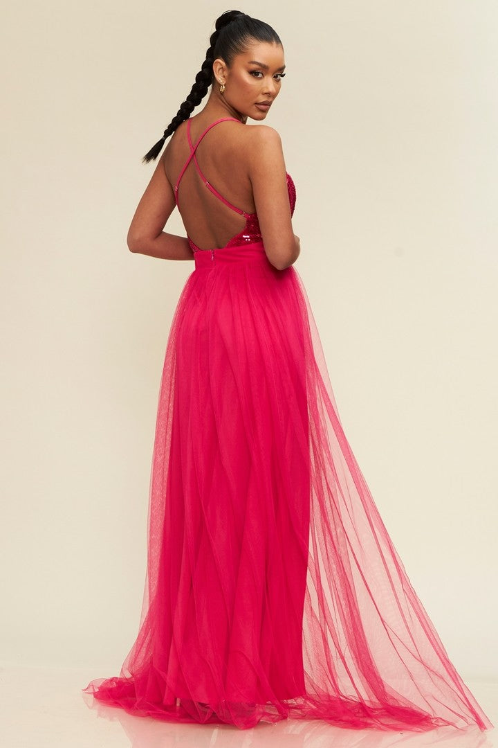 Elegant Fuchsia Sequence Strap Deep V-Neck Maxi Gown