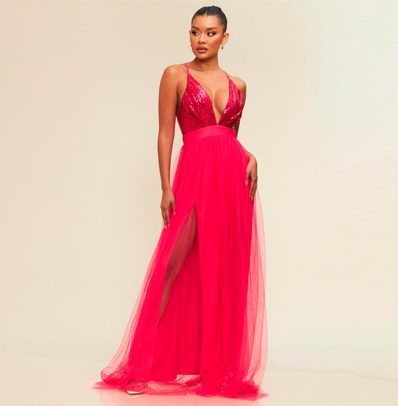 Elegant Fuchsia Sequence Strap Deep V-Neck Maxi Gown